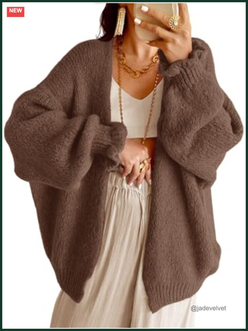 Oversized Chunky Knit Open Front Cardigan Ruffle Lantern Sleeve